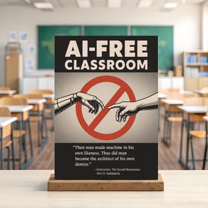 Puede incluir: Un cartel con el texto "AI-FREE CLASSROOM" y un gráfico de una mano robótica y una mano humana tocándose, tachadas con un círculo rojo. El cartel incluye una cita sobre el hombre y la máquina. El cartel se muestra en un aula.