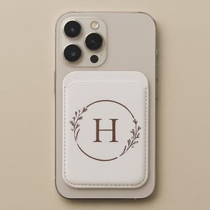 Custom Monogram Floral MagSafe Wallet | Vegan Leather Phone Wallet with Initial & Botanical Wreath Design, Custom Magnetic Wallet for iPhone