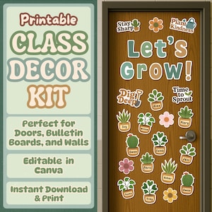 Afdrukbaar lenteklasdecorset | Prikbord laten groeien | Bewerkbare naamlabels voor planten | Deurdecoratie april klas canvas