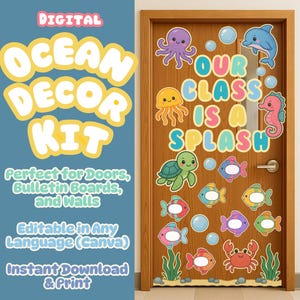 Digital Ocean Classroom Door Decor Kit | Editable Back to School Bulletin Board Set | Cute Sea Life Theme Name Tags & Letters (Printable)