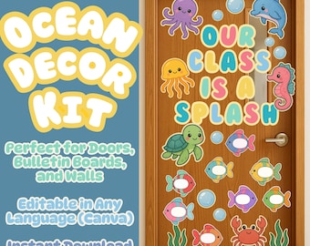 Afdrukbare deurdecoratieset oceaanklas | Bewerkbare bulletinboardset voor terug naar school | Leuke naamlabels en letters zeeleventhema | Decor juli