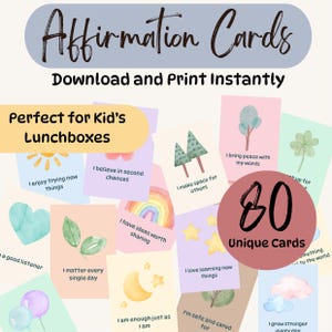 May include: A collection of 80 unique affirmation cards with watercolor illustrations and positive messages. The cards are designed for kids and are perfect for lunchboxes. The text on the cards includes phrases like "I enjoy trying new things" and "I matter every single day."