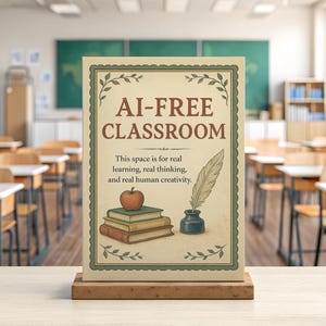 May include: A sign in a classroom reads "AI-FREE CLASSROOM." The sign features an illustration of an apple, books, a quill, and an inkwell. The sign is on a wooden base, with a classroom in the background.