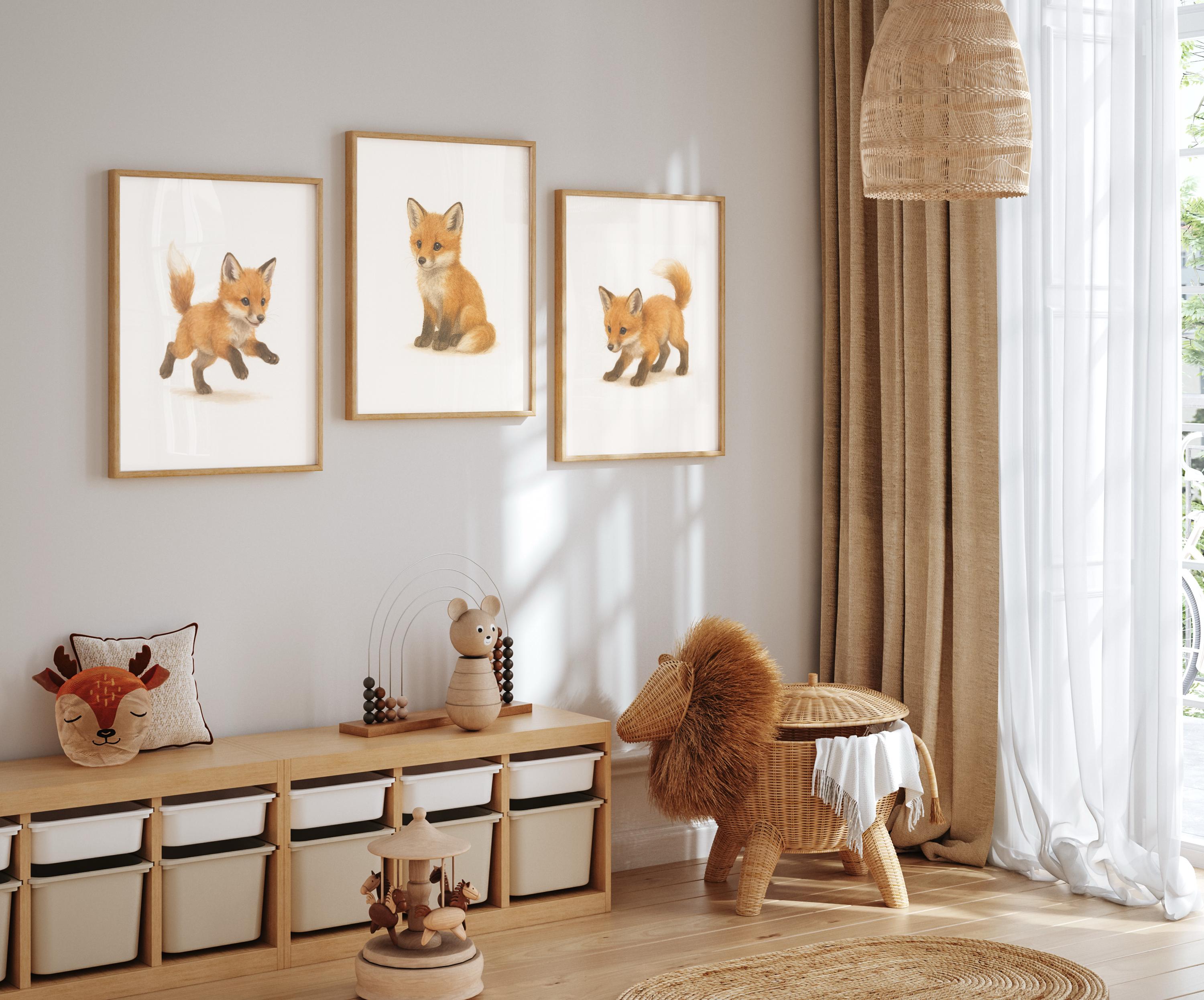 Set of 3 Baby Fox Nursery Prints | Playful Woodland Animal Wall Art ...