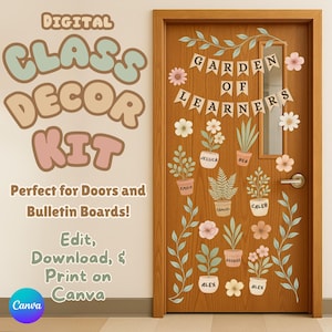 Botanical Classroom Door Decor Editable | Boho Garden Bulletin Board Kit | Back to School Teacher Printable | Canva Template Download