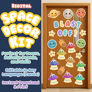 Cute Space Classroom Door Decor Kit | Editable UFO & Planet Name Tags | Printable Back-to-School Bulletin Board Set