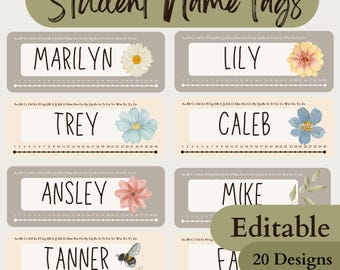 Student Desk Name Tags | Editable Classroom Name | Boho Floral & Woodland Animals | Printable Desk Labels for Kids | Back to School Decor