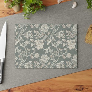 Botanical Glass Cutting Board | Floral Kitchen Decor | Tempered Glass Board | Sage Green Flower Pattern | Vintage Cottagecore Gift