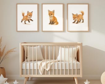 Set of 3 Baby Fox Nursery Prints | Playful Woodland Animal Wall Art | Fox Cub Digital Download | Neutral Nursery Decor | Baby Shower Gift