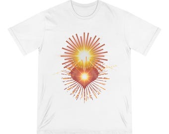 T-shirt de base 100 % en coton biologique unisexe manches courtes avec illustration énergisante rencontre lumineuse soleil et coeur d&#39;or