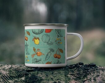 Enamel Camping Mug &quot;Eat your greens cornucopia&quot; Nature printed cup