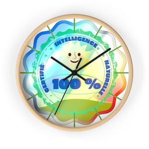 Horloge murale d'image illustration originale d'Omnimana "100 % certifié intelligence naturelle" cadran lignes vertes sans chiffres