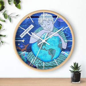 Horloge murale de photo d'une murale Montréal Québec la Terre "Nous sommes ici!" cadran lignes sans chiffres
