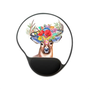 Tapis de souris ergonomique avec repose-poignet aquarelle Cerf Nature en fleurs et en plumes