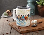 Insulated Coffee Mug, 10oz stainless steel mug illustrated birds vintage gift inspiration colorful cup