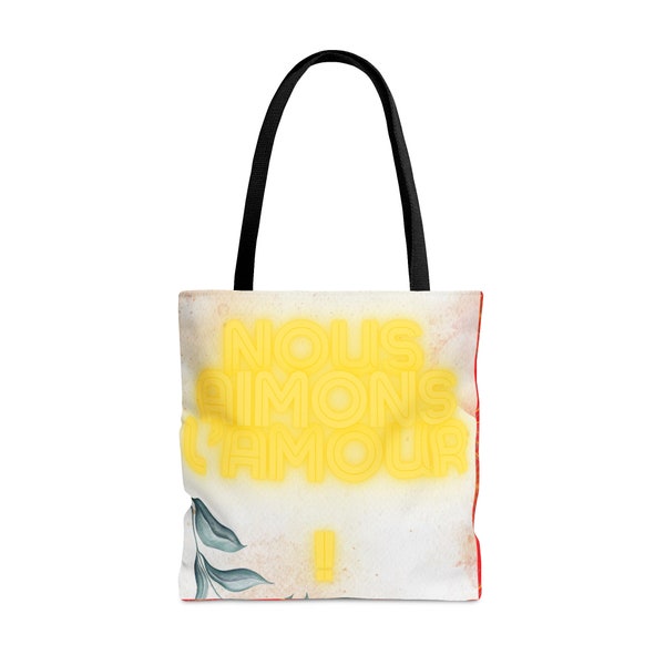 AOP Tote Bag / Sac range-tout fourre-tout cabas en vinyle "Nous aimons l'amour!" Golden Love