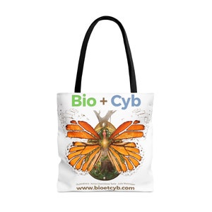 May include: White tote bag with black handles. The bag features a colorful illustration of a butterfly with a woman's face in the center. The text "Bio + Cyb" is printed in green and blue at the top of the bag. The text "www.bioetcyb.com" is printed at the bottom of the bag.