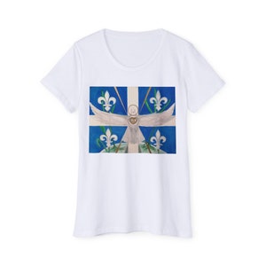 T シャツ à manches courtes coton bio pour femmes "L'esprit sain sur le Québec" St-Jean Baptiste、colombe et fleurdelysé drumau du Québec