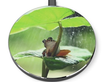 Chargeur sans fil téléphone mobile GRENOUILLE sous la pluie sur un nénuphar photo nature appareil pratique décoratif pour iPhone ou Android