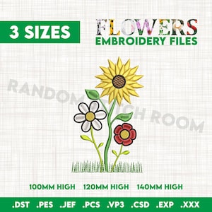 Flowers Floral  Embroidery Machine Design Files, 3 Sizes, Daisy, Sunflower, Grass, Nature, INSTANT DOWNLOAD, pes dst jef exp