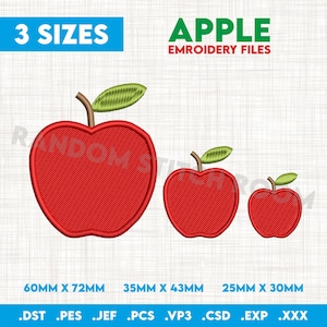 May include: Three embroidery files of a red apple with a green leaf. The apple sizes are 60mm x 72mm, 35mm x 43mm, and 25mm x 30mm. The file formats are .DST, .PES, .JEF, .PCS, .VP3, .CSD, .EXP, and .XXX.