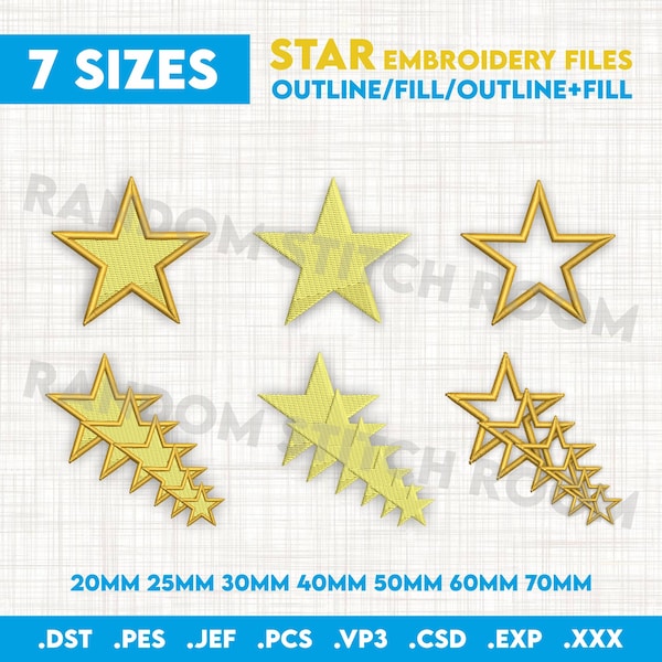 Star Embroidery Machine Design File, 3 Styles, Satin Stitch, INSTANT DOWNLOAD, 7 Sizes, Fill Outline or Filled with outline, pes dst jef exp