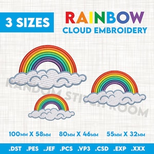 Peut inclure: Trois motifs de broderie d'un arc-en-ciel avec des nuages ​​de différentes tailles : 100 mm x 58 mm, 80 mm x 46 mm et 55 mm x 32 mm. Les motifs sont disponibles dans les formats suivants : .DST, .PES, .JEF, .PCS, .VP3, .CSD, .EXP, .XXX.
