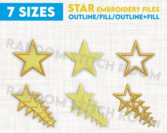 Star Embroidery Machine Design File, 3 Styles, Satin Stitch, INSTANT DOWNLOAD, 7 Sizes, Fill Outline or Filled with outline, pes dst jef exp