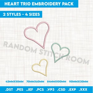 Heart Trio Embroidery Machine Design File Pack, 2 Styles, 4 sizes, Hearts Design INSTANT DOWNLOAD