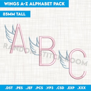 May include: A set of three embroidery designs featuring the letters A, B, and C with wings. The letters are pink and the wings are light blue. The designs are 85mm tall. The file formats included are .DST, .PES, .JEF, .PCS, .VP3, .CSD, .EXP, and .XXX.