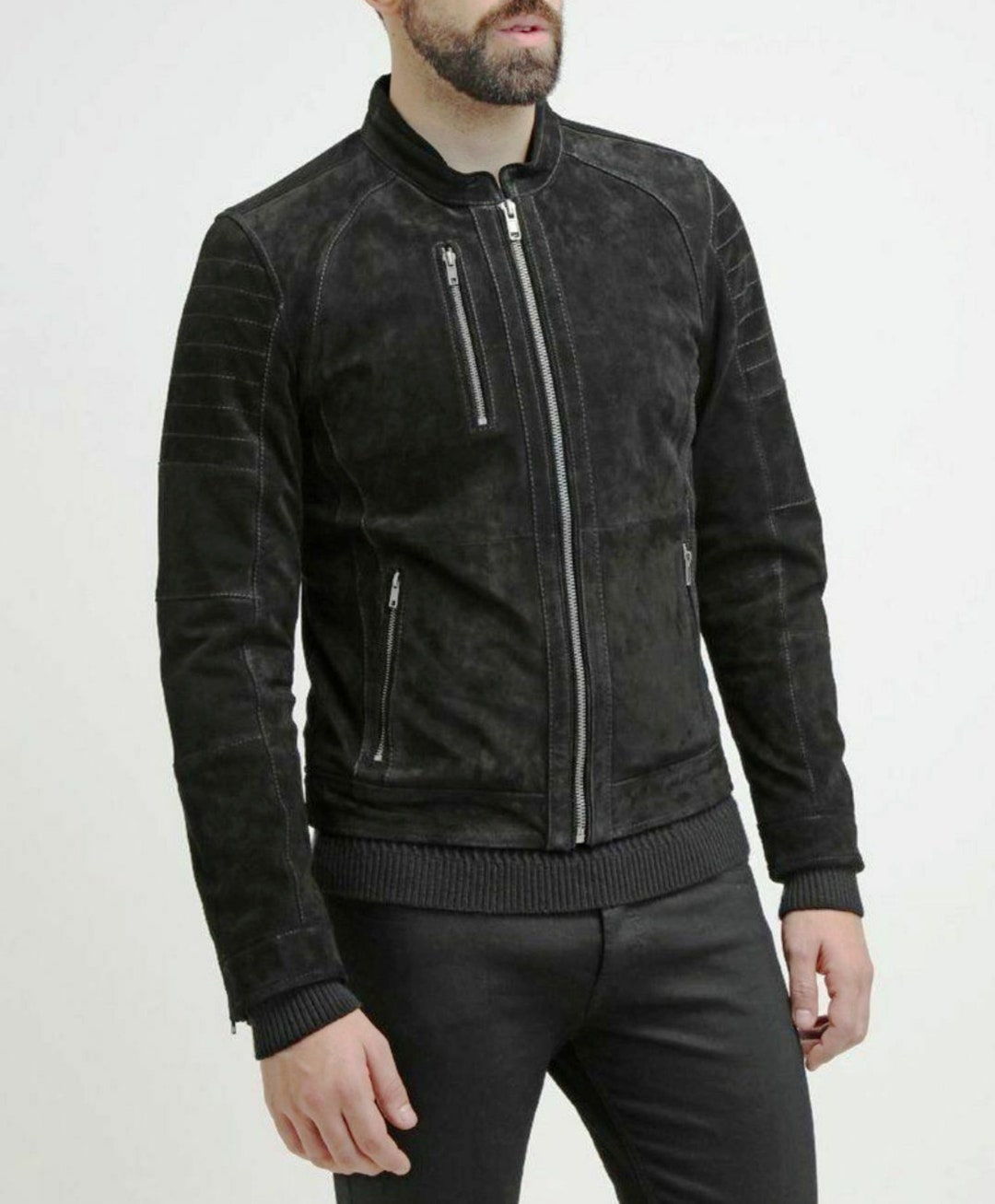 Real Black Suede Men's Bomber Jacket, Genuine Suede Biker Coat