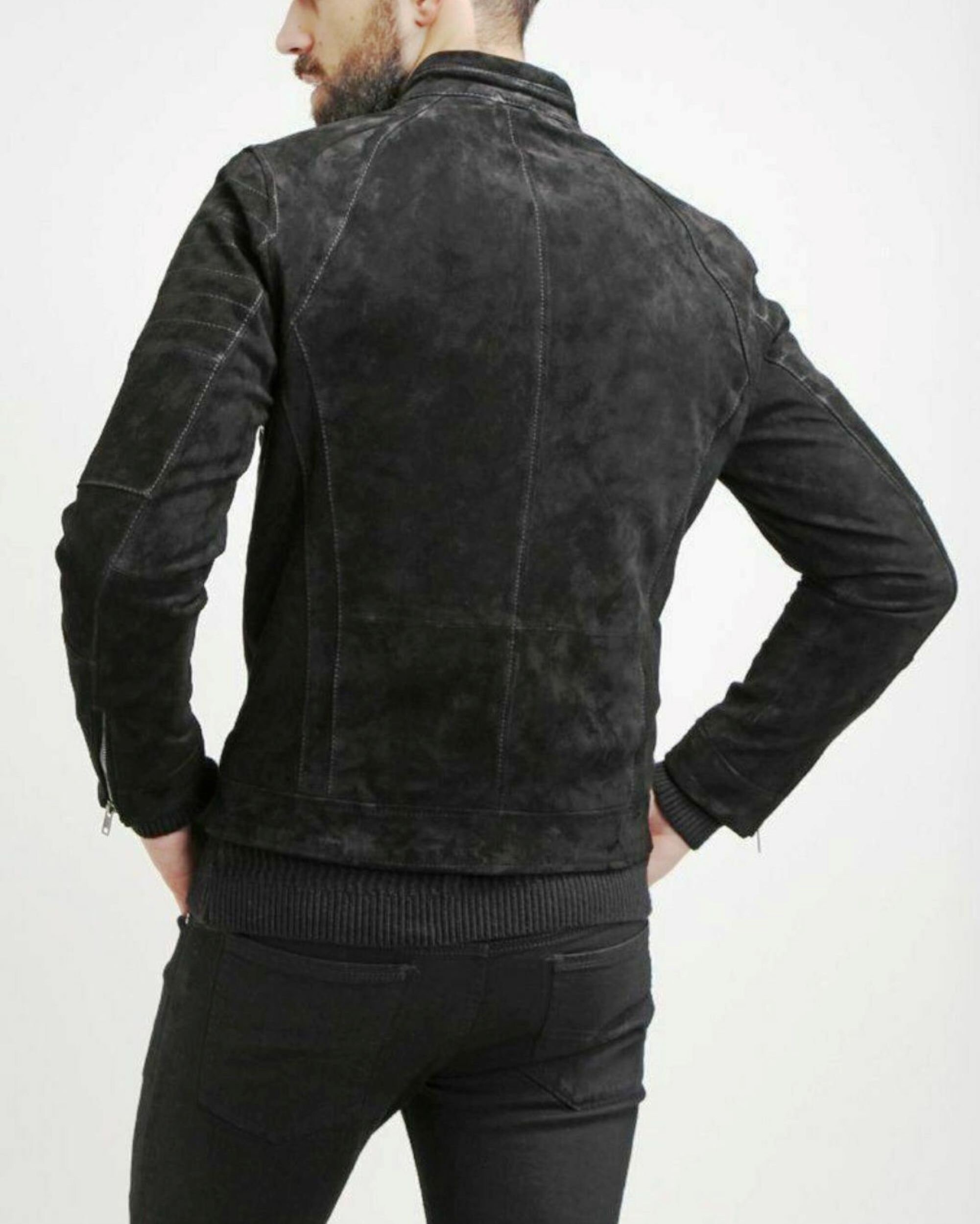 Real Black Suede Men's Bomber Jacket, Genuine Suede Biker Coat