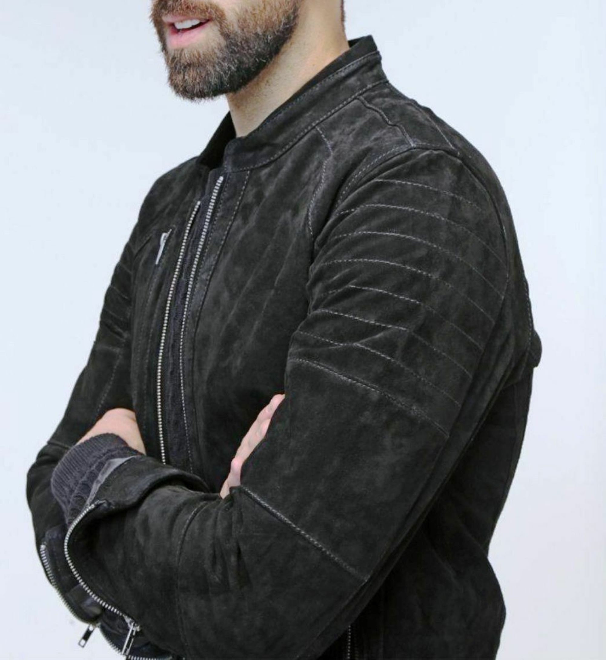 Real Black Suede Men's Bomber Jacket, Genuine Suede Biker Coat