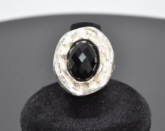 VINTAGE Wonderful Clyde Duneier Textured Sterling Silver Oval Cut Black Onyx Ring
