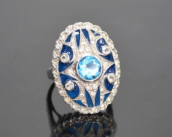 VINTAGE**Gorgeous Edwardian Style Blue Topaz White Topaz Blue Enamel Silver Ring.