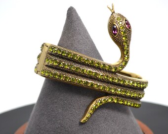VINTAGE**RARE**Fabulous Green Swarovski Pave with Purple Marquise Crystal Eyes Snake Heidi Daus Hinged Bracelet