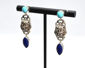 GORGEOUS**VINTAGE**RARE**Nicky Butler Silver Lapis & Turquoise King Tut Earrings