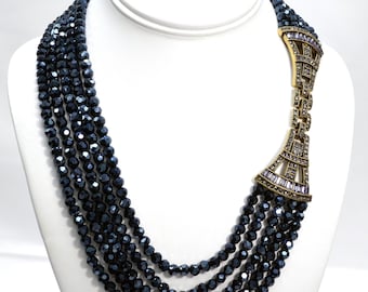 VINTAGE**Spectacular** Heidi Daus Art Deco "Deco Master-Clasp" Midnight Blue Crystal Beaded Multi Strand Opera Length Necklace