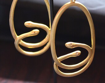 VINTAGE**Gorgeous Satin Gold Colored Finish Statement Snake Crystal Eyes Glow by Sheila Fajl Pierced Earrings
