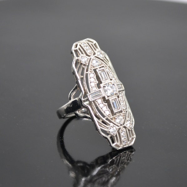 VINTAGE**Dreamy Art Deco Sparkling CZ Crystal And Silver Essence Diamonique Shield Ring