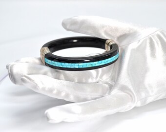 BEAUTIFUL**CLASSIC**Dramatic Jay King DTR Silver Black Agate Sleeping Beauty Turquoise Inlay Hinged Bangle Bracelet