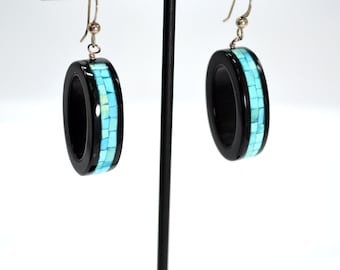 BEAUTIFUL**CLASSIC**Dramatic Jay King DTR Black Agate Blue Turquoise Inlay Dangle Earrings