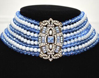 VINTAGE**RARE**Art Deco*Beautiful Multi-Strand Choker 4 Pearl 5 Sky Blue Crystal Beads Striking Heidi Daus