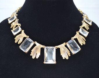 VINTAGE**RARE**Gorgeous Golden Toned Leaves Emerald Cut Crystal Arnold Scaasi Necklace!
