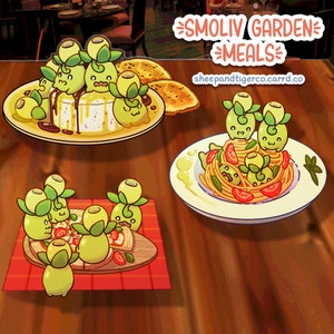 May include: An illustration of "Smoliv Garden Meals" featuring cartoon-style food dishes. The image includes a plate of pasta with tomatoes, a pizza, and a dessert with a drizzle. The dishes are decorated with olive-like characters.