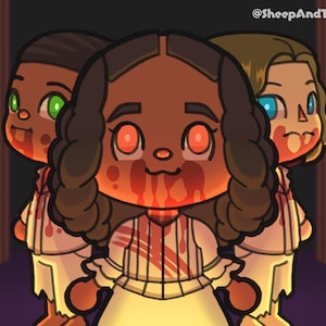 Pode incluir: Ilustração de desenho animado de três figuras com sangue nos rostos e roupas. As figuras têm diferentes tons de pele, cores de cabelo e cores dos olhos. O texto "@SheepAndTigerCo" está no canto superior direito.
