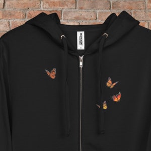 BUTTERFLY Unisex fleece zip up hoodie, Print Butterflies on the front and on the arm, zip up sweatshirt with butterfly graphic, gift for her