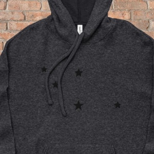 Black STAR EMBROIDERED PREMIUM sueded fleece Unisex pullover hoodie, multiple stars- on front and on left arm- star graphic sweatshirt