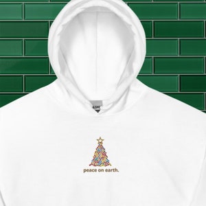 CHRISTMAS TREE Unisex Hoodie, EMBROIDERED peace on earth hooded sweatshirt, long sleeve holiday  hoodie, Christmas gift, Positive message