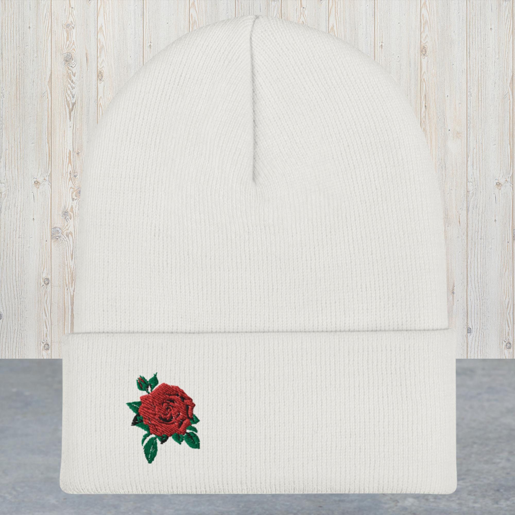 ROSE GRAPHIC Ribbed Knit Beanie, Knit Winter Hat With Rose
